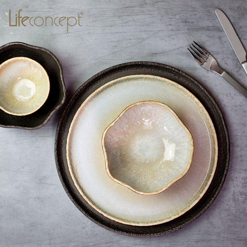 Nature-Inspired Rock Ceramic Plate and Bowl Set for Dining
