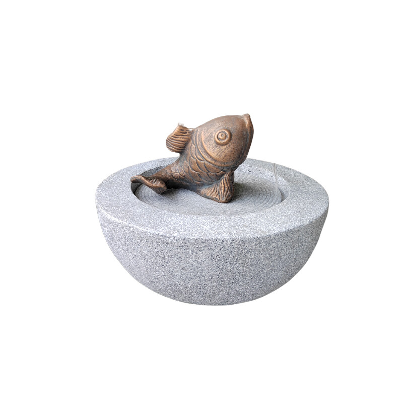 Outdoor Solar Water Fountain with LED Light Marble Grey Fiber Stone Fish Statue for Garden Decoration